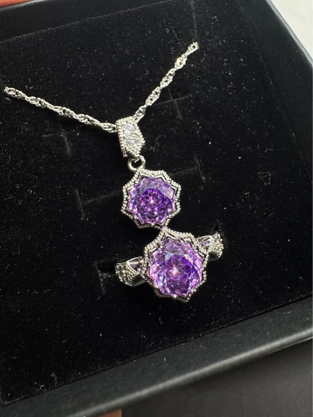 925 Rose Cut Purple Stone Necklace & Adjustable Ring Set